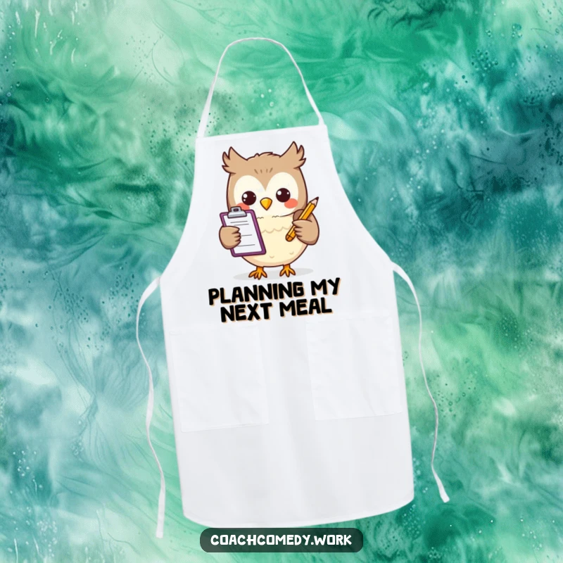 Funny Kawaii owl wearing an apron, holding a clipboard and pencil, ready for kitchen tasks. A humorous and functional cooking accessory.