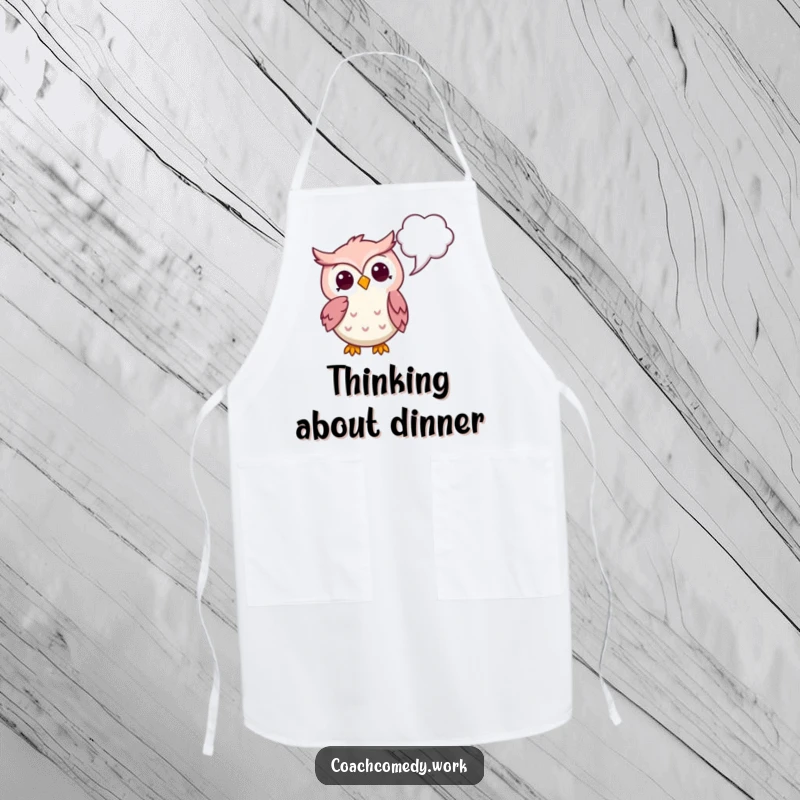 Funny Kawaii Owl Apron: A thoughtful owl pointing to a thought bubble, adding intellectual humor to kitchen wear.