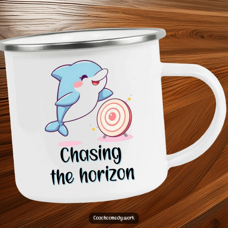 Funny Kawaii dolphin leaping towards a sparkling target on a camping mug. A humorous and durable companion for outdoor fun.
