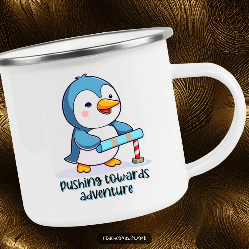 Funny Kawaii penguin camping mug showing a determined character pushing a tiny colorful goal marker, great for adventures.