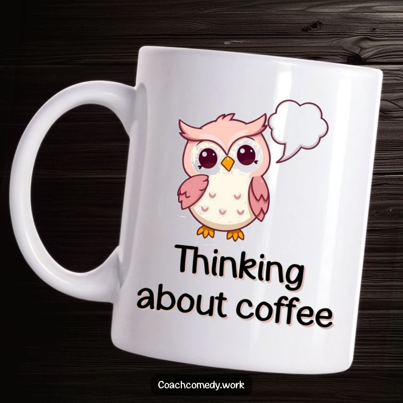 Funny Kawaii Owl Thinker Mug: A thoughtful owl pointing to a thought bubble, representing deep contemplation and witty ideas.