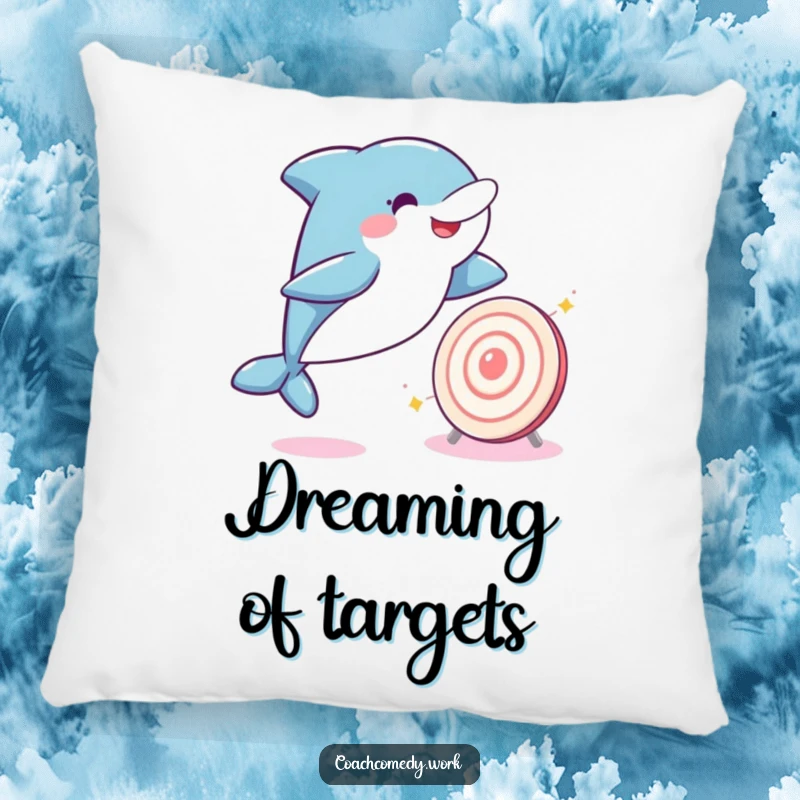 Funny Kawaii dolphin in a joyful leap towards a sparkling target, featured on a plush pillow. A humorous and comforting home accessory.