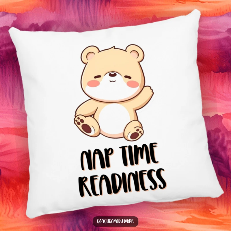Funny Kawaii bear cub in a gentle stretching pose featured on a plush pillow. A humorous and comfortable home decoration.