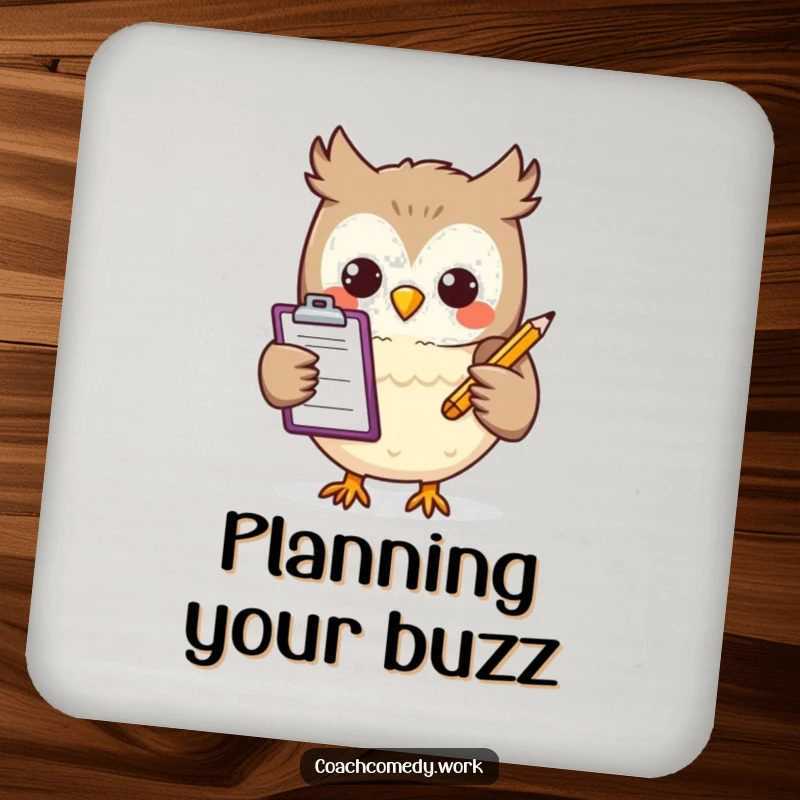 Funny Kawaii owl with a clipboard and pencil on a drink coaster. A cute and humorous accessory for table protection.