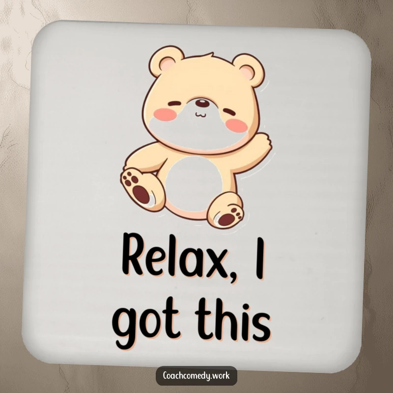 Funny Kawaii bear cub in a stretching pose on a drink coaster. A humorous and protective accessory.