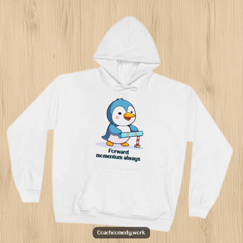 Funny Kawaii penguin hoodie showing a determined character pushing a tiny colorful goal marker, ideal for a humorous present.