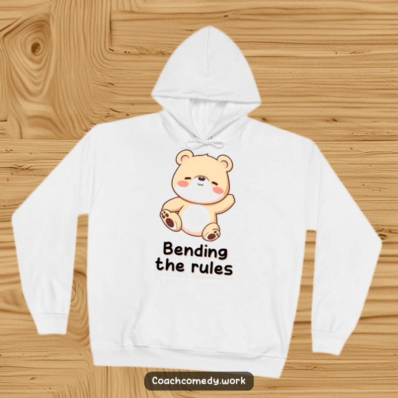 Funny Kawaii bear cub in a stretching pose, featured on a warm and cozy hoodie. A humorous apparel choice for relaxation.