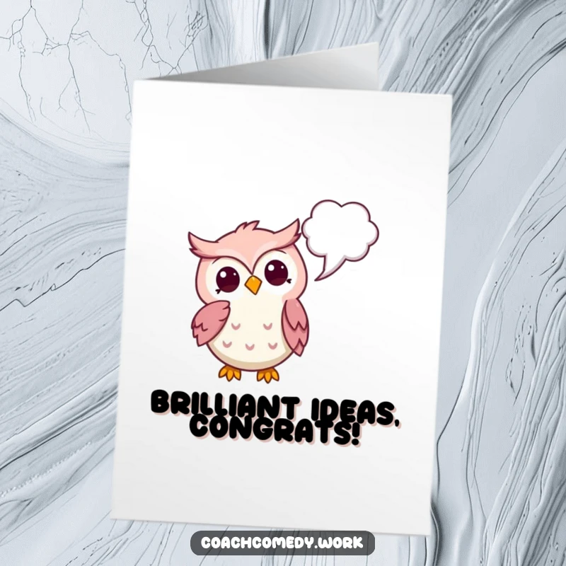 Funny Free Printable Congratulations Card: Thoughtful Kawaii owl pointing to a thought bubble, celebrating profound achievements with DIY wisdom.