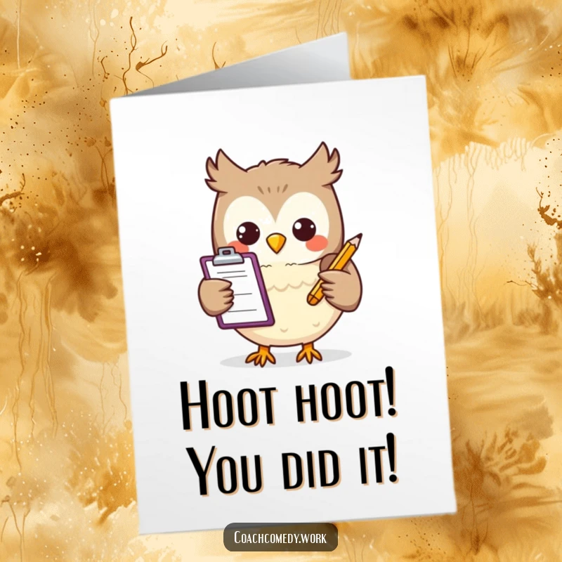 Funny free printable congratulations card: A cheerful Kawaii owl with a clipboard, approving your success with humor.