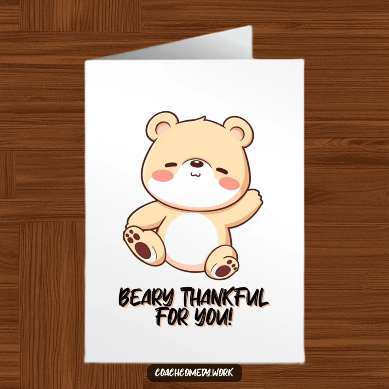 Funny free printable thank you card: A serene Kawaii bear cub in a gentle stretch, expressing calm thanks.