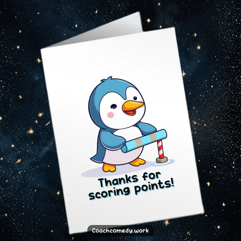 Funny Free Printable Kawaii Penguin Thank You Card, pushing a goal marker, a determined DIY thank you.