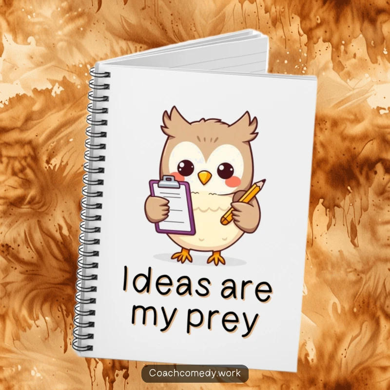 Funny Kawaii owl with a clipboard and pencil on a notebook cover. A humorous and practical tool for organized minds.