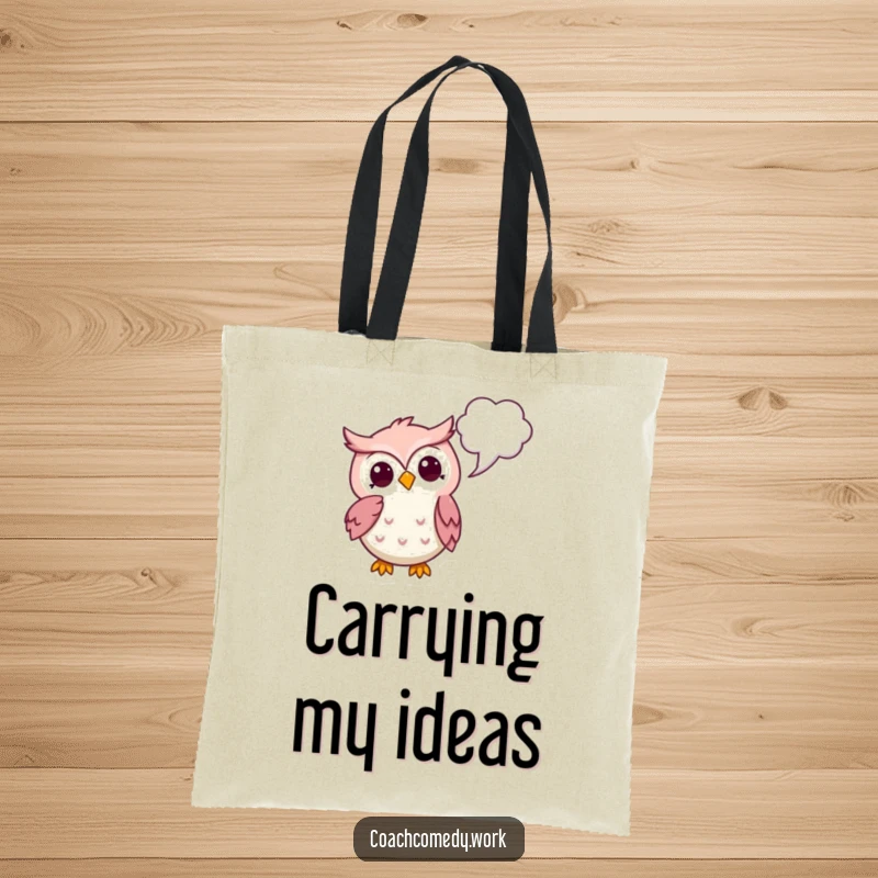 Funny Kawaii Owl Tote Bag: A thoughtful owl pointing to a thought bubble, perfect for carrying books or planning essentials.